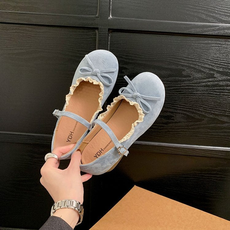 Damen elegante Mary Jane Ballerinas mit dekorativem Spitzenrand und Schleifenakzent EB