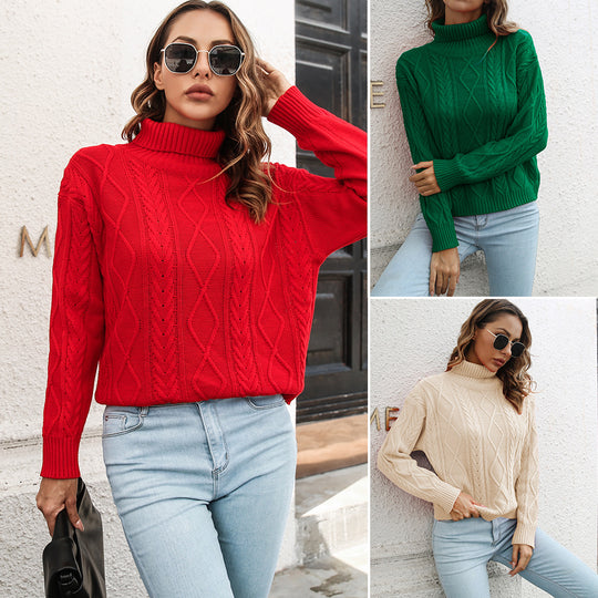 Damen Strickpullover mit hohem Kragen und Zopfmuster EB