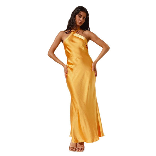Damen elegantes Abendkleid mit asymmetrischem Ausschnitt und fließendem Satinfall EB