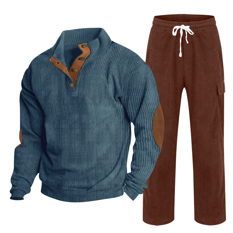 Herren nan Strick-Freizeitset mit Knopfleiste und Ellenbogenaufnähern sowie Cord-Cargohose EB