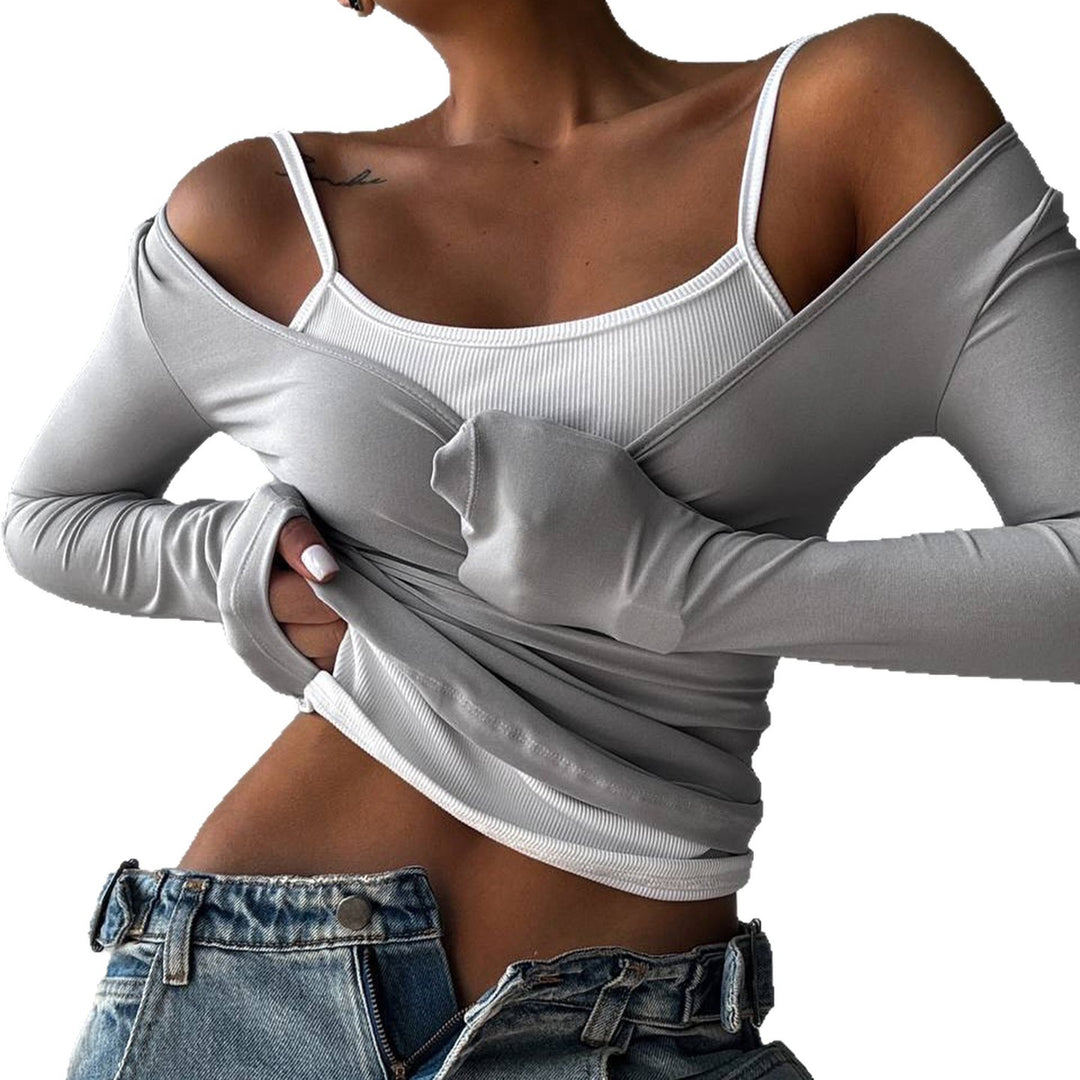 Damen nan tailliertes Longsleeve-Cropped-Top mit eckigem Ausschnitt und doppelten Spaghettiträgern EB