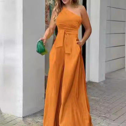 Damen Eleganter One-Shoulder Jumpsuit mit weitem Bein und Taillengürtel EB