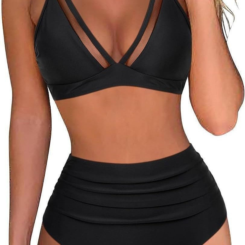 Damen Hoch tailliertes Bikini-Set mit Leopardenmuster und transparenten Einsätzen EB