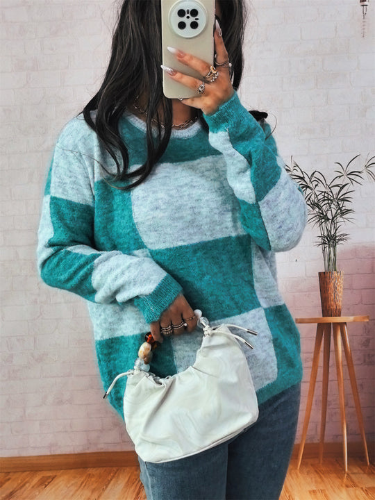 Damen Grobstrickpullover mit modernem Karomuster und lässigem Schnitt EB