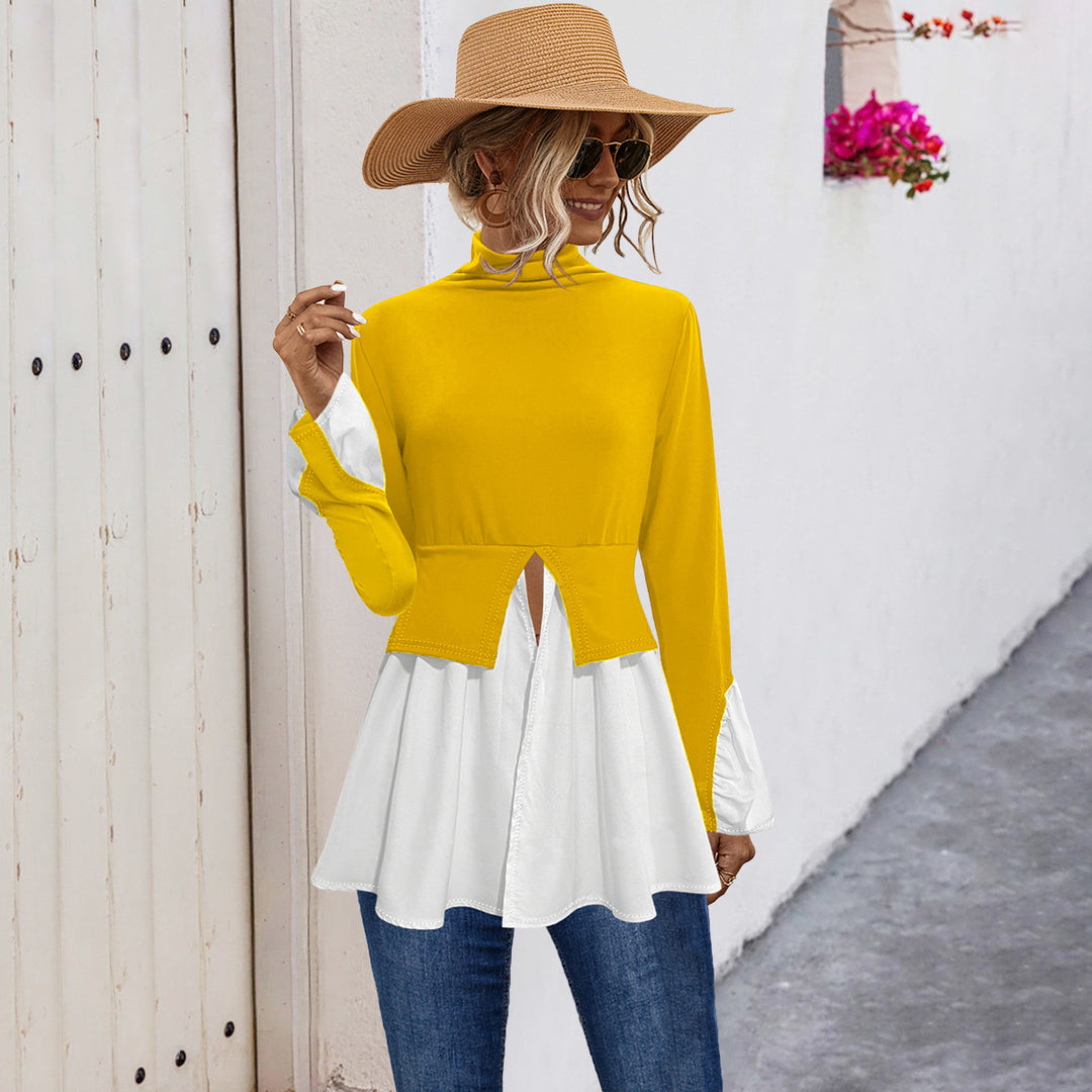 Damen Modisches Hemdblusenshirt mit hohem Kragen und asymmetrischem Schnitt EB