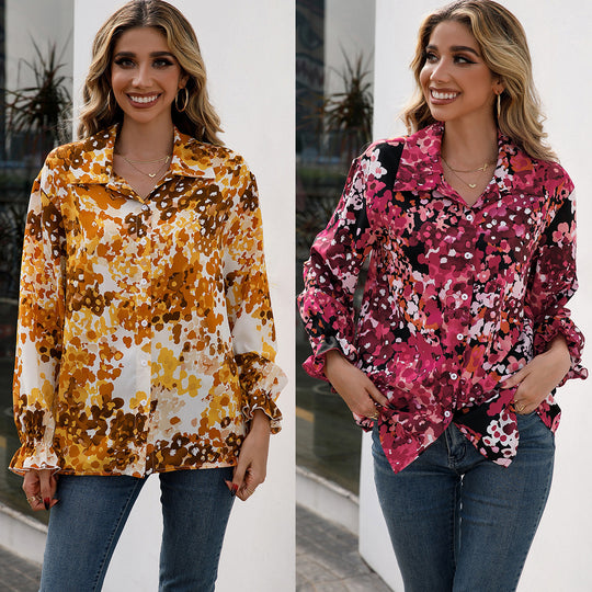 Damen elegante Bluse mit floralem Muster und weiten Ärmeln EB