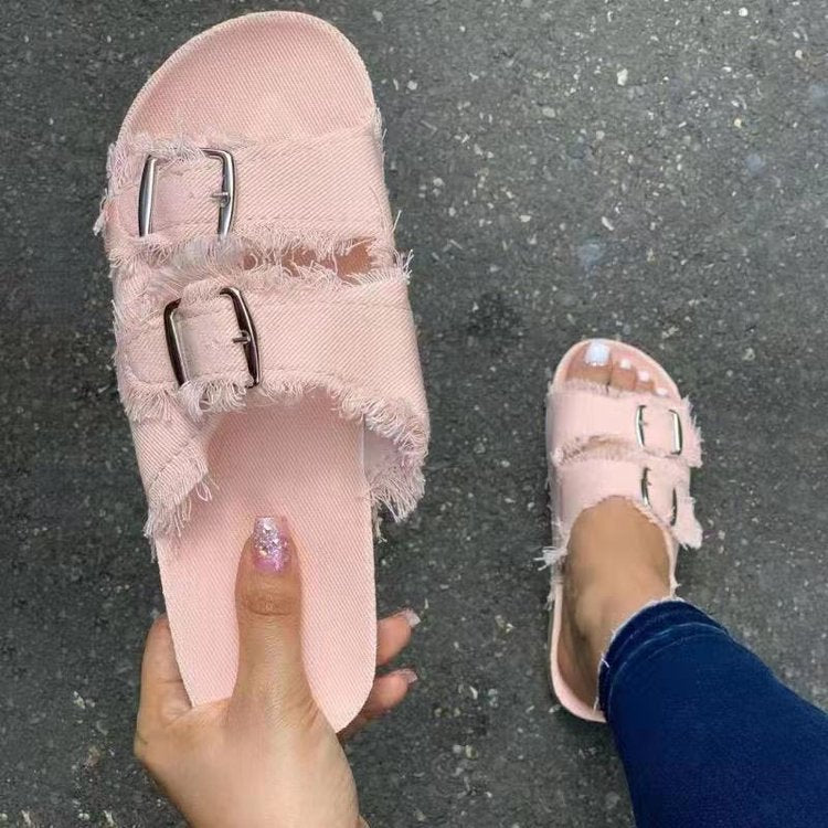 Damen Pantoletten mit modischem Denim-Design und verstellbaren Riemen EB