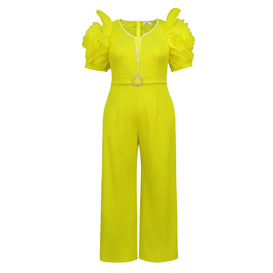 Damen eleganter Jumpsuit mit voluminösen Puffärmeln und Perlenakzent EB