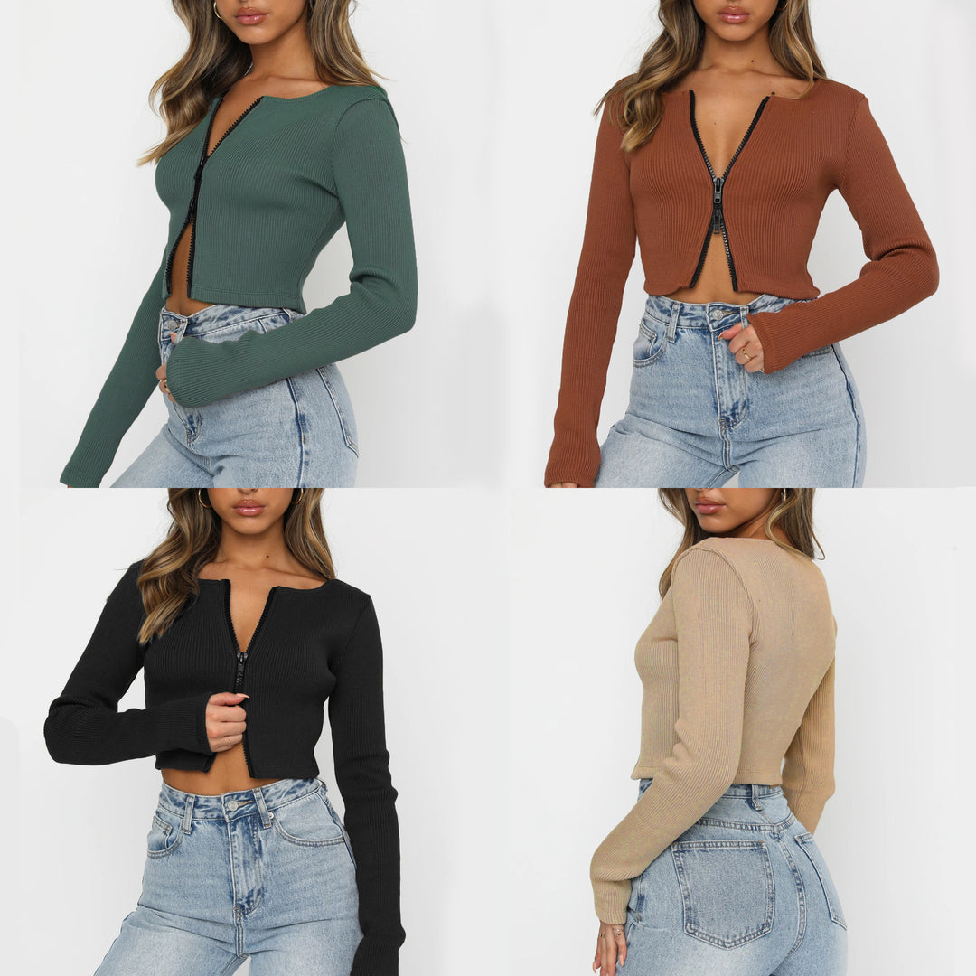 Damen modische Cropped Jacke mit Reißverschluss EB