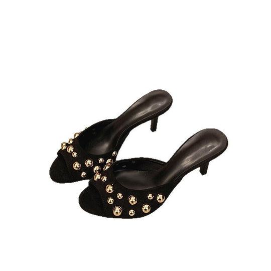 Damen Offene Mules mit glänzenden Perlenverzierungen und elegantem Absatz EB