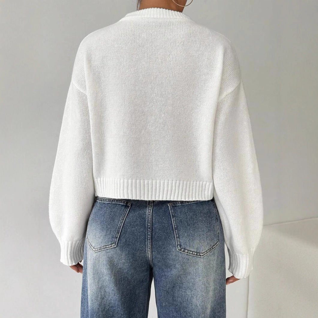 Damen Kurz-Cropped Pullover aus feinem Strick mit Ballonärmeln und geripptem Bund EB