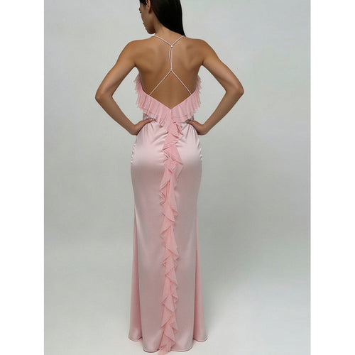 Damen Maxi-Kleid mit eleganten Rüschendetails und tiefem Rückenausschnitt EB