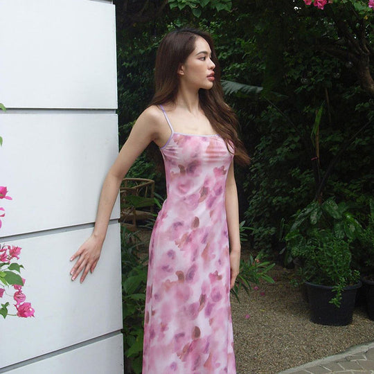 Damen Maxikleid mit zarten Spaghetti-Trägern und floralem Muster EB