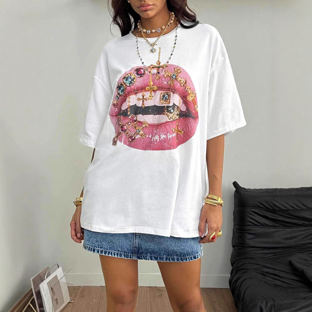 Damen Oversized T-Shirt mit kreativem Lippen- und Schmuckdesign EB