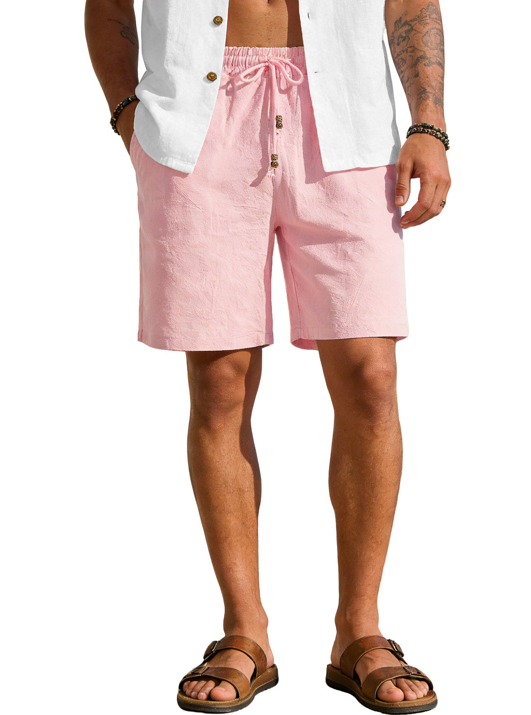 Herren nan leichte Strand-Bermuda aus Leinenmix mit Elastikbund Kordelzug und Zierknopfleiste EB