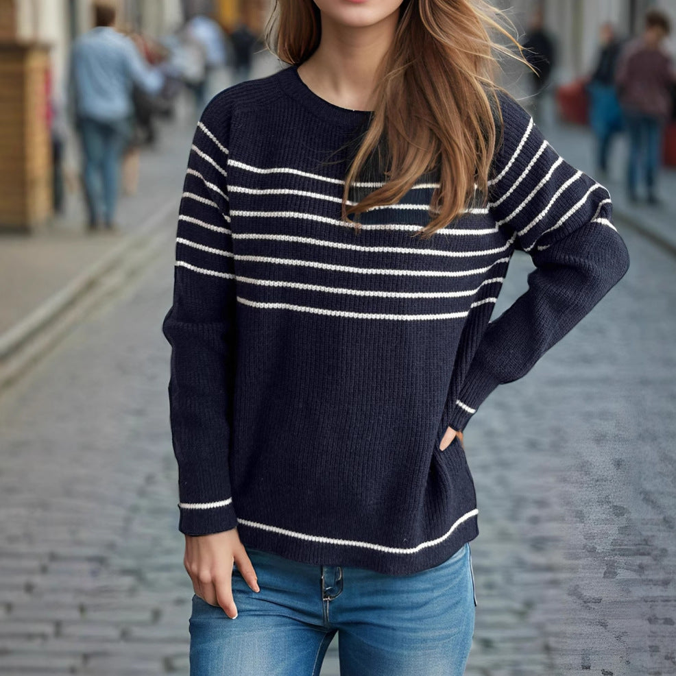 Damen lässiger Pullover mit modischem Streifenmuster und weitem Schnitt EB