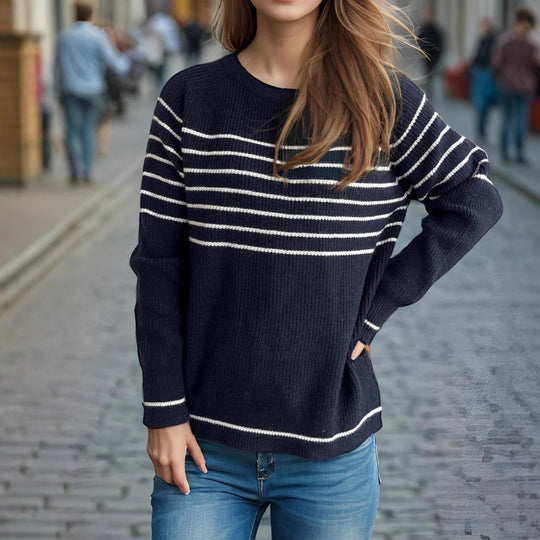 Damen lässiger Pullover mit modischem Streifenmuster und weitem Schnitt EB