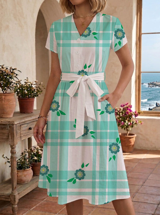Damen lässiges Maxikleid mit taillierbarem Knoten und dekorativem Karomuster EB