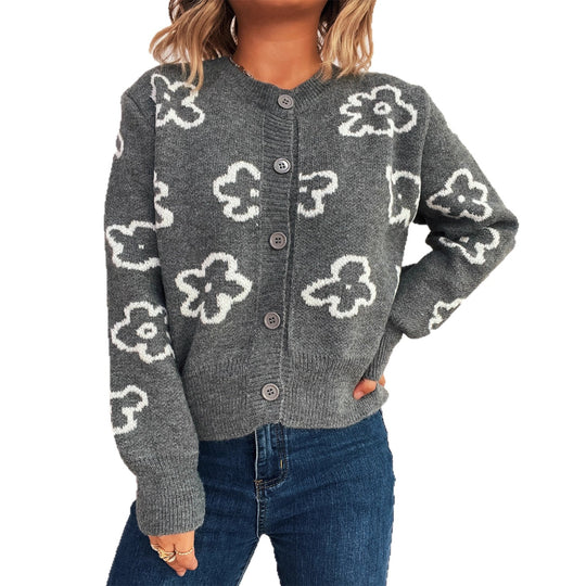 Damen Strickjacke mit floralem Muster und Knopfverschluss EB