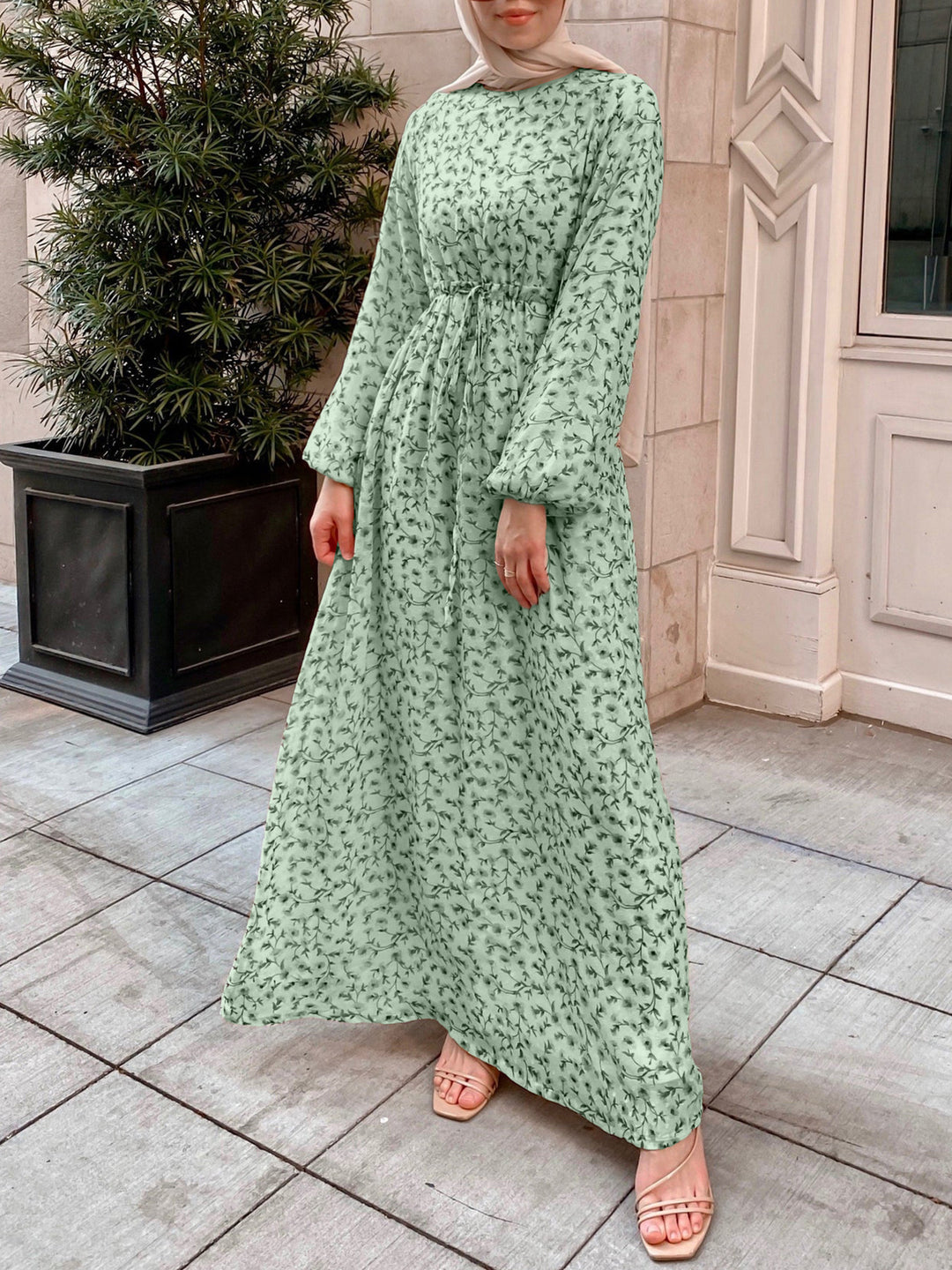 Damen Geblümtes Maxikleid mit Kordel-Taille und Ballonärmeln EB