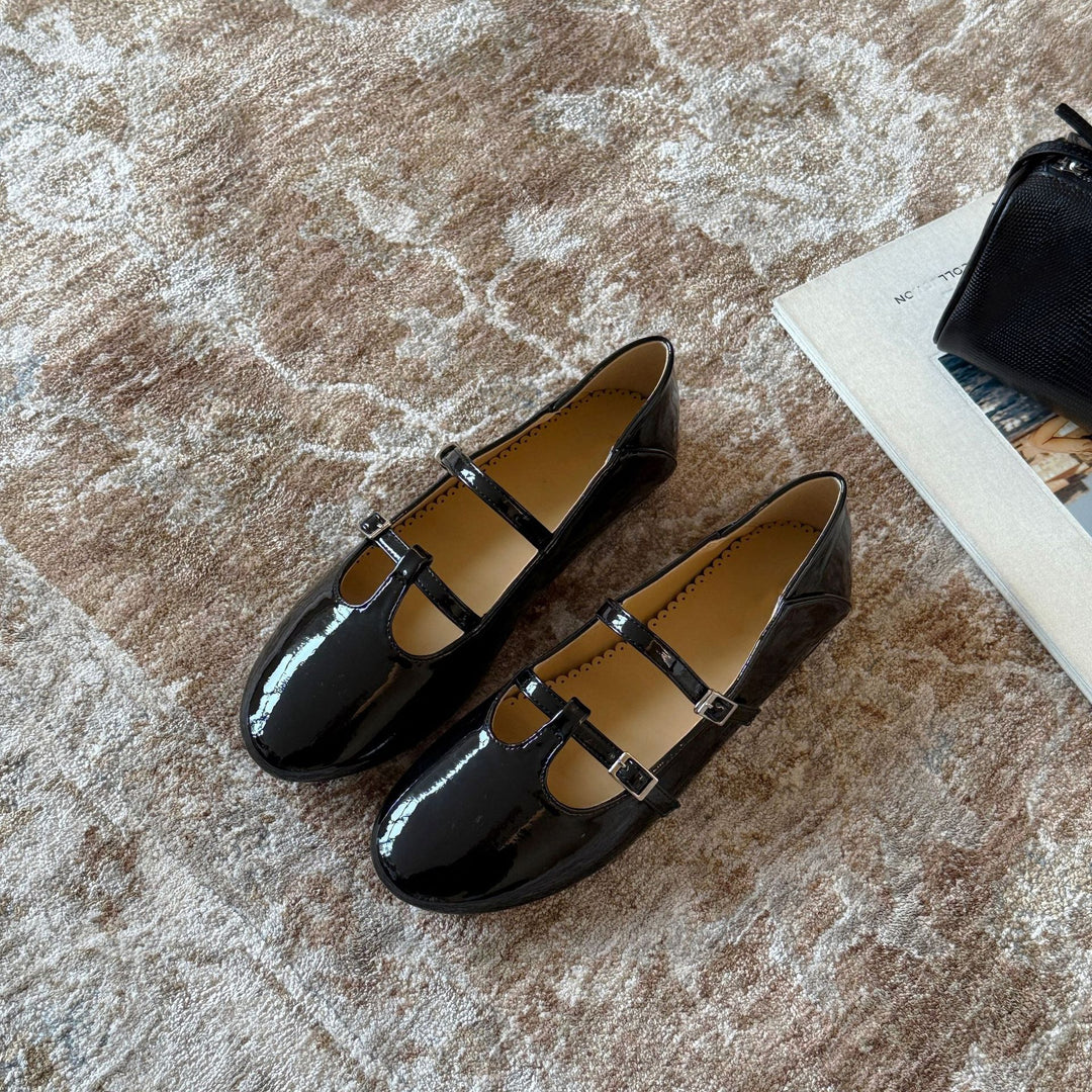 Damen Elegante Mary Jane Ballerinas mit doppelter Schnalle und schimmerndem Finish EB