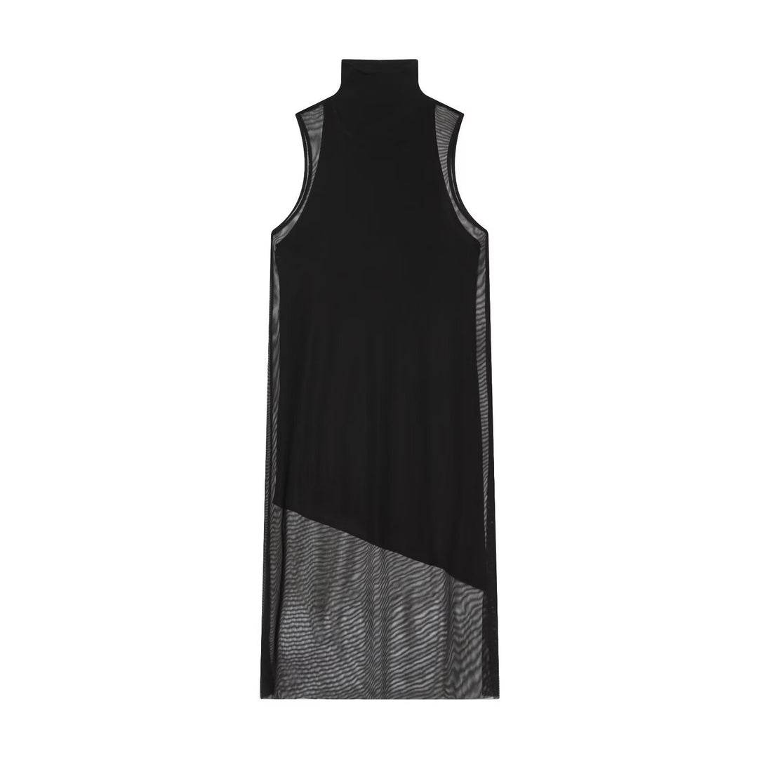 Damen Langarm Kleid aus transparentem Mesh-Material mit Stehkragen EB