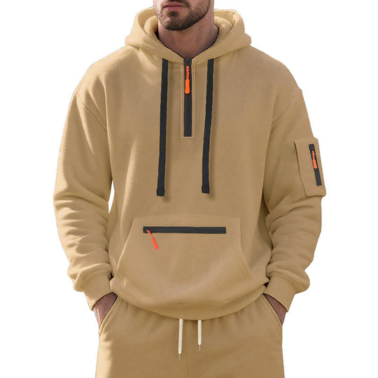 Herren nan technischer Freizeit-Hoodie mit kurzem mittigem Reißverschluss, Reißverschluss-Kängurutasche und Ärmeltasche EB
