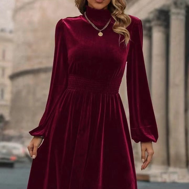 Damen Samtkleid mit hochgeschlossenem Design und eleganten langen Ärmeln EB