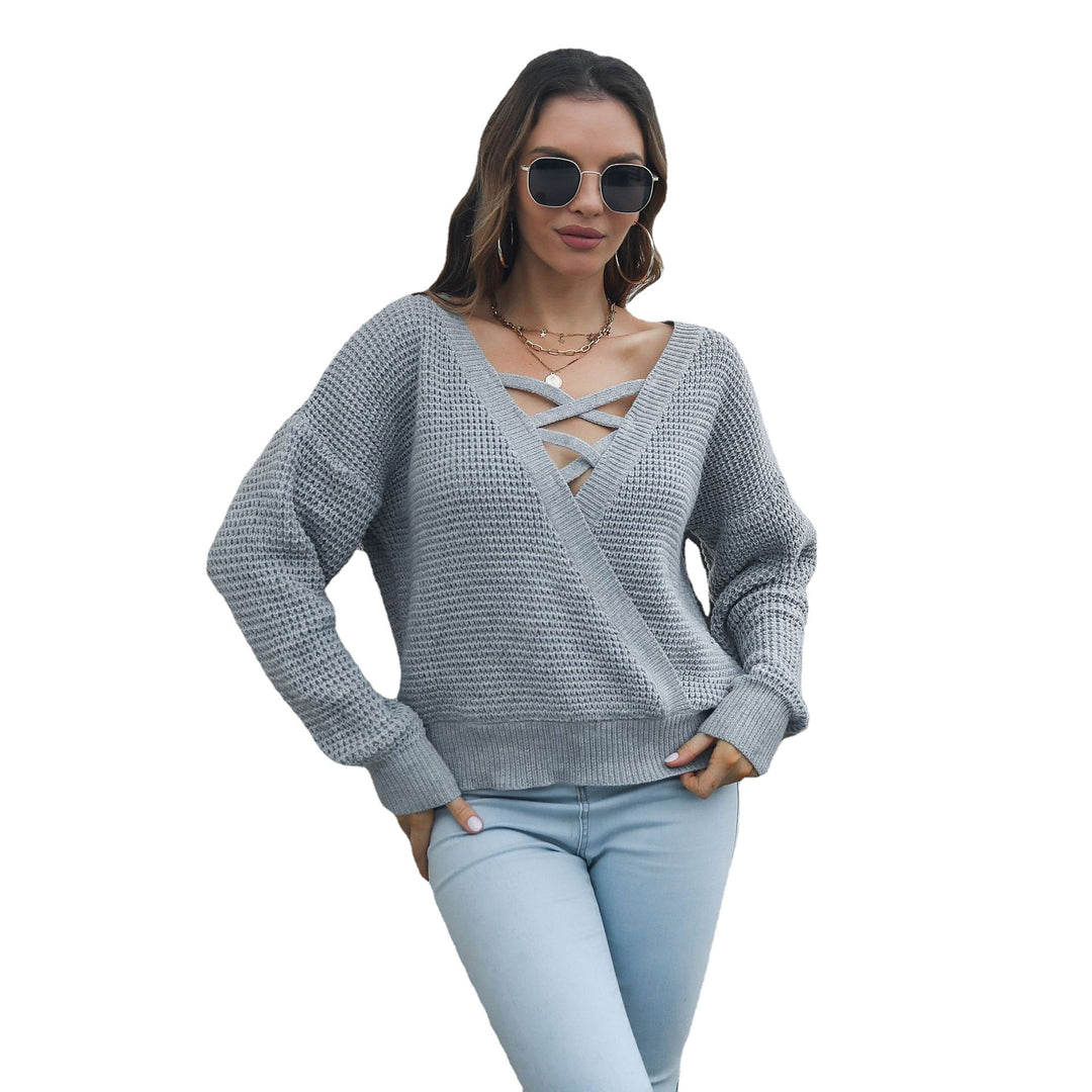 Damen Freizeit-Strickpullover mit elegantlyem V-Ausschnitt und verspielten Kreuzdetails EB