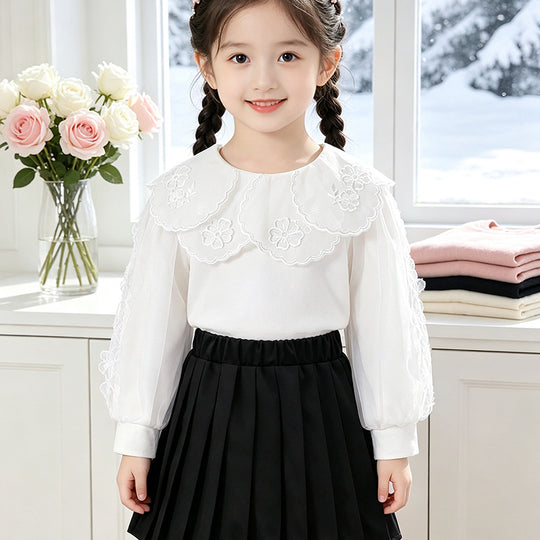 Mädchen elegante Bluse mit verzierter Rückenöffnung und Tüllärmeln EB