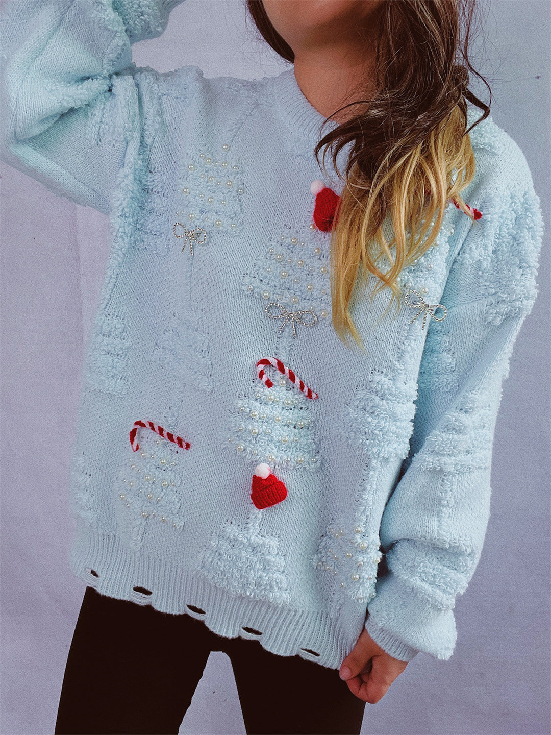 Damen festlicher Pullover mit kreativen Weihnachtsmotiven und strukturiertem Design EB