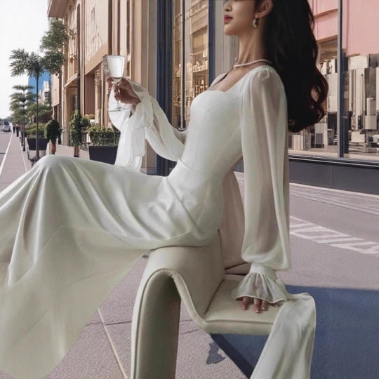 Damen elegantes Maxikleid mit Puffärmeln und quadratischem Ausschnitt EB