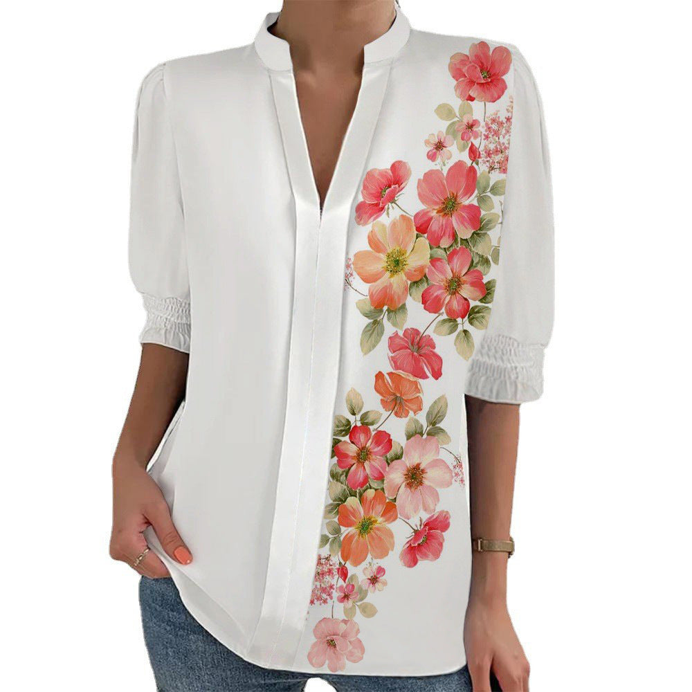 Damen Blumenprint Tunika-Bluse mit Stehkragen, geschlitzter V‑Blende und gerafften 3/4-Ärmeln EB