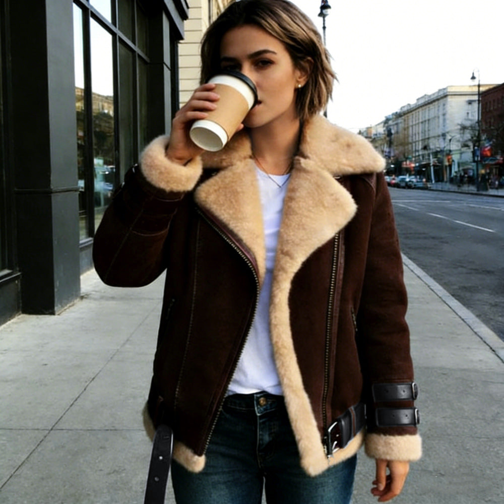 Damen nan flauschige Bikerjacke mit Teddyfutter und Schnallenbesatz EB
