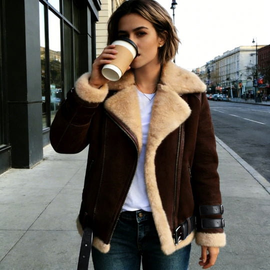Damen nan flauschige Bikerjacke mit Teddyfutter und Schnallenbesatz EB