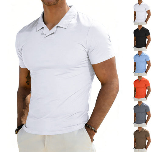 Herren nan schmal geschnittenes Kurzarm-Polo mit offenem Hemdkragen und elastischem Baumwollstretch EB