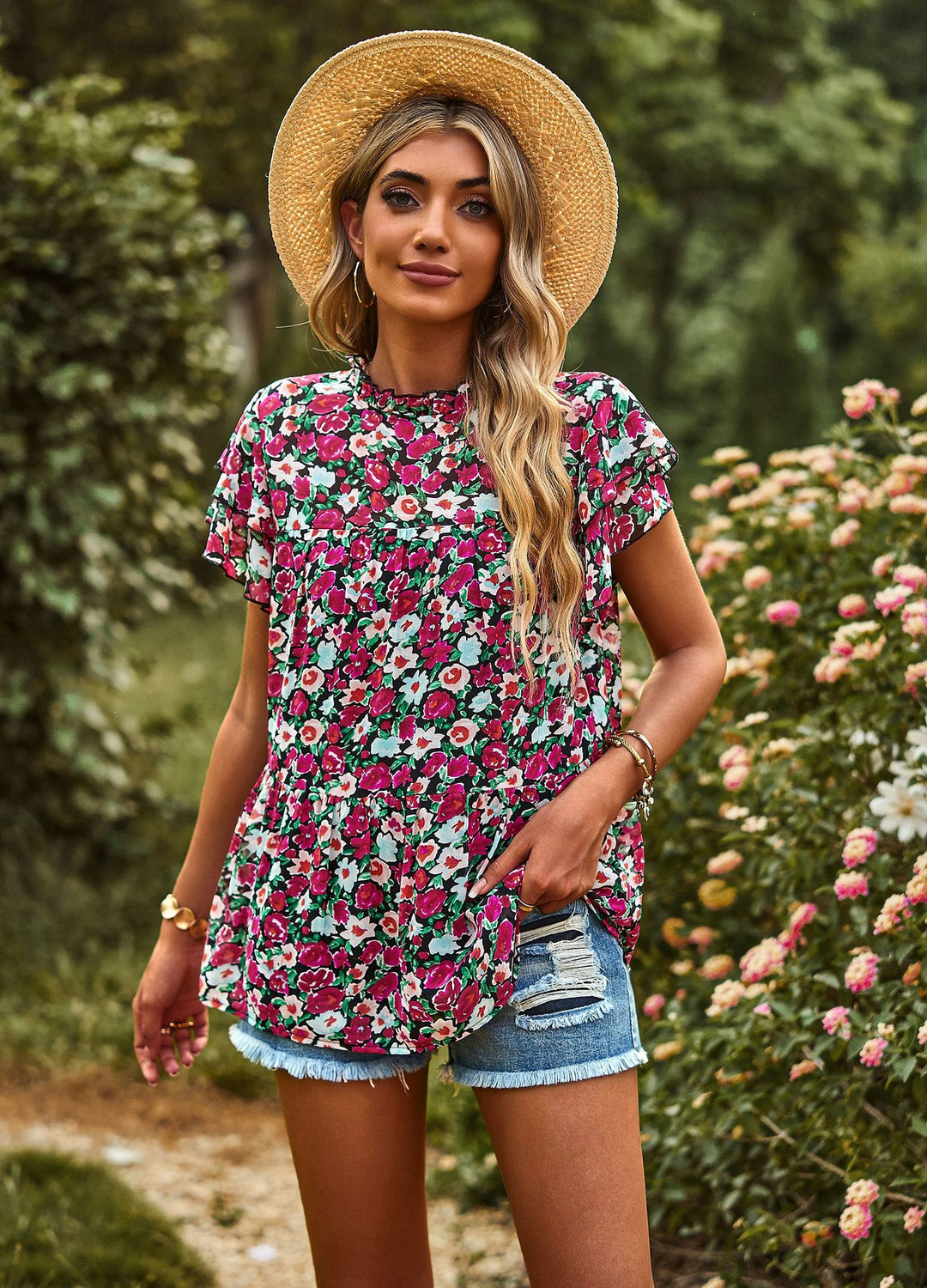 Damen Bluse mit Volantärmeln und frechem Muster EB