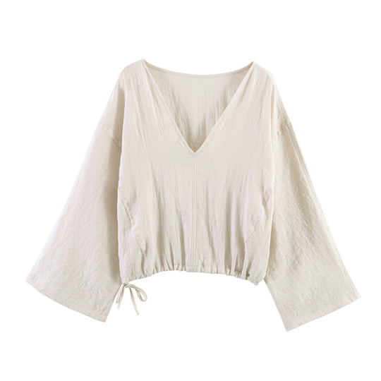 Damen lässige Bluse mit weitem V-Ausschnitt und elastischem Saum EB