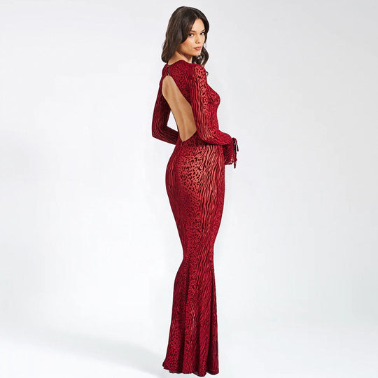 Damen Figurbetontes Maxikleid mit tierischem Muster und weiten Ärmeln EB