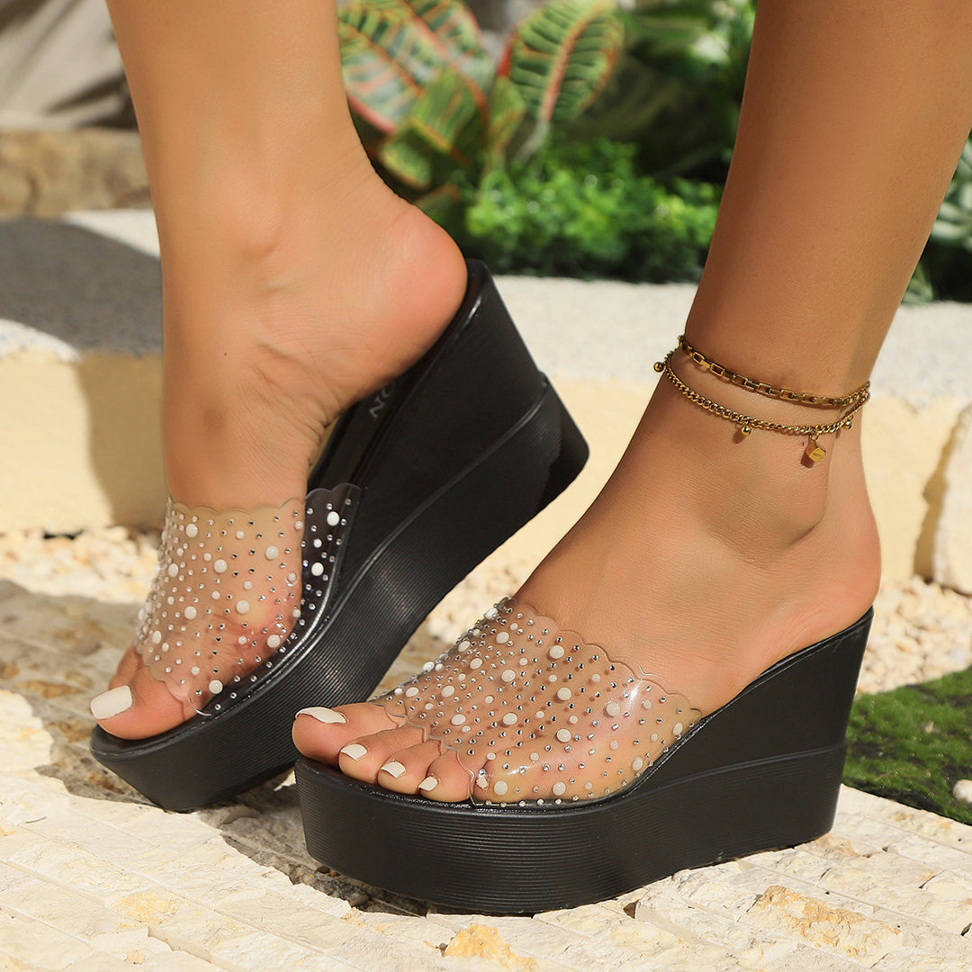 Damen Wedge-Pantoletten mit transparentem Obermaterial und glitzernden Akzenten EB