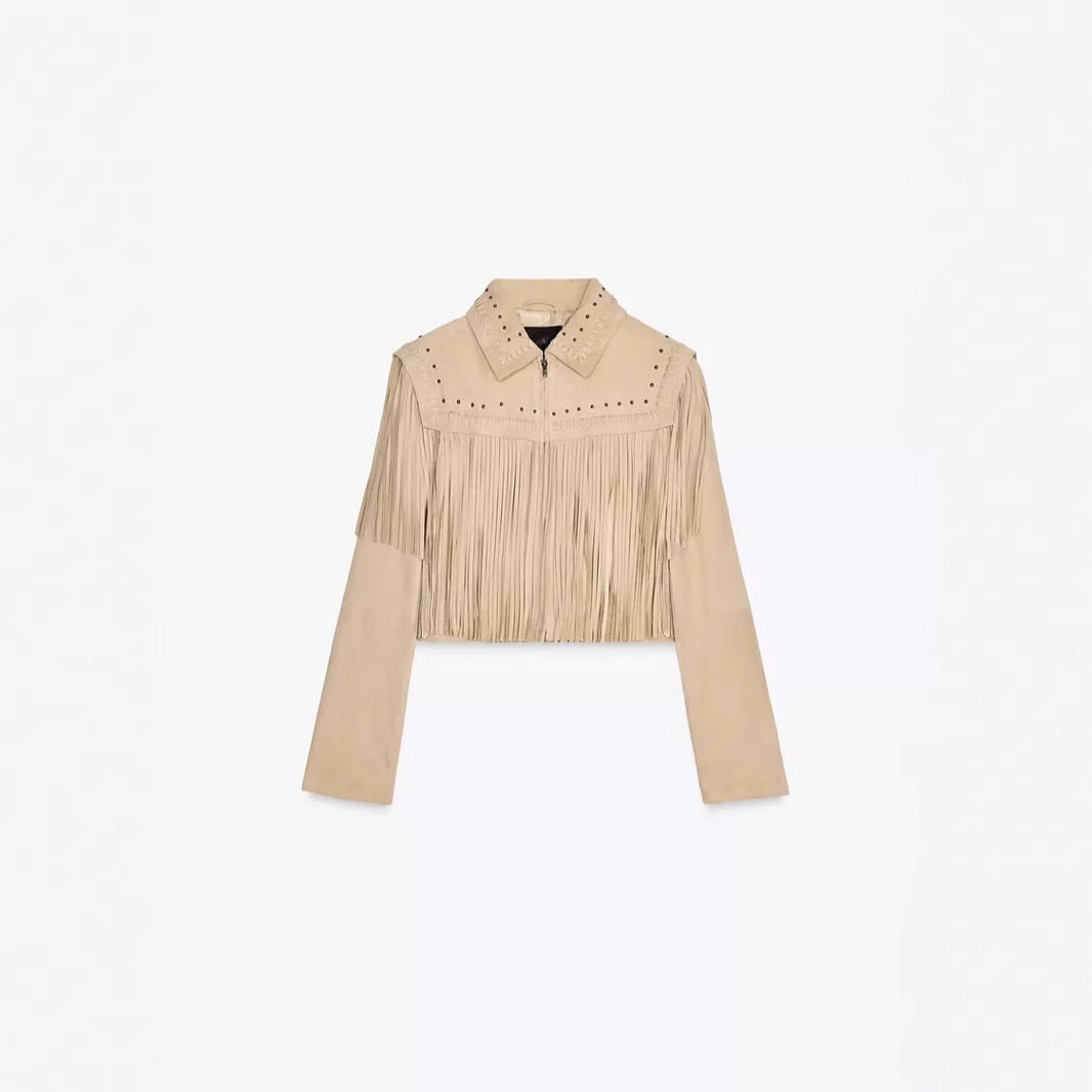 Damen modische Fransenjacke mit steinverziertem Kragen EB