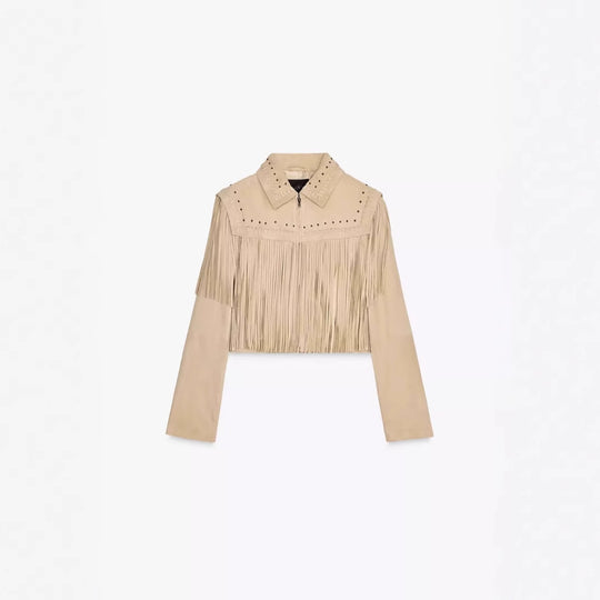 Damen modische Fransenjacke mit steinverziertem Kragen EB