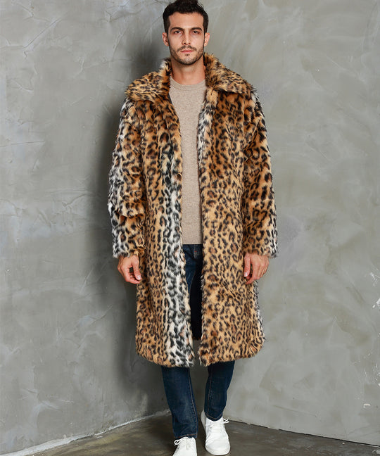 Herren Eleganter Kunstfellmantel mit Leopardenmuster und breitem Kragen EB