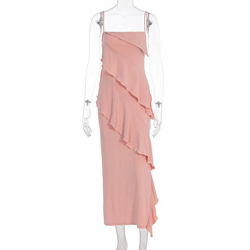 Damen schulterfreies Maxikleid mit asymmetrischem Rüschendesign EB