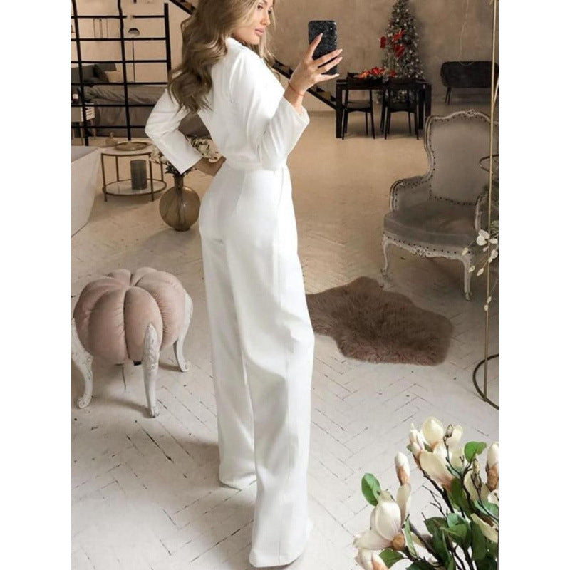Damen eleganter Jumpsuit mit langem Bein und klassischem Schauspielkragen EB