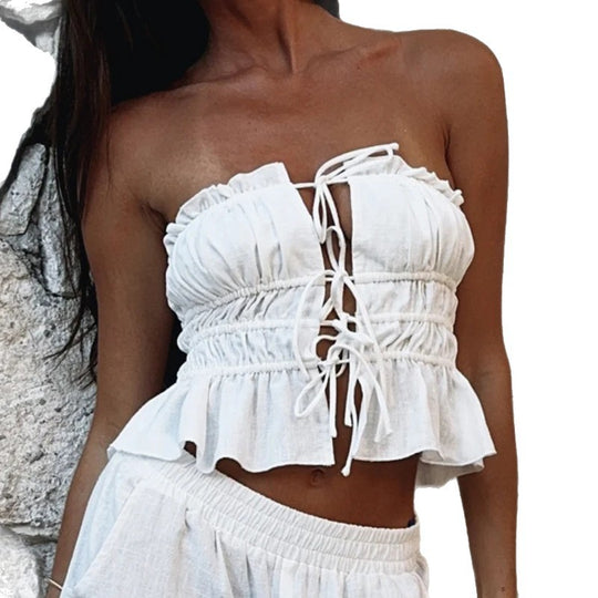 Damen Cropped Oberteil mit rüschengeschnittenem Saum und sexy Schnürung EB