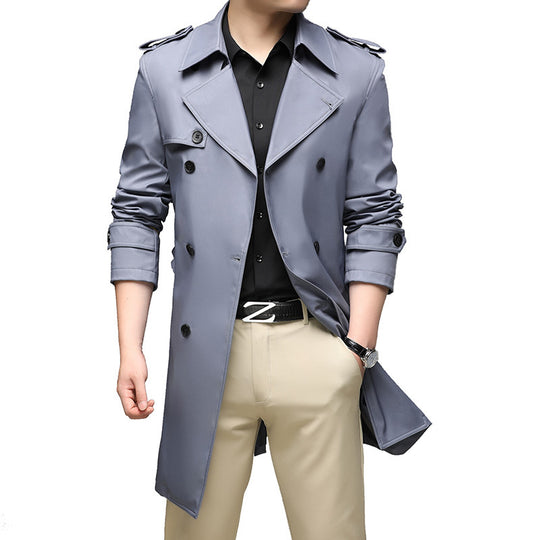 Herren Moderner Slim-Fit Trenchcoat mit Epauletten und doppelreihiger Knopfleiste EB