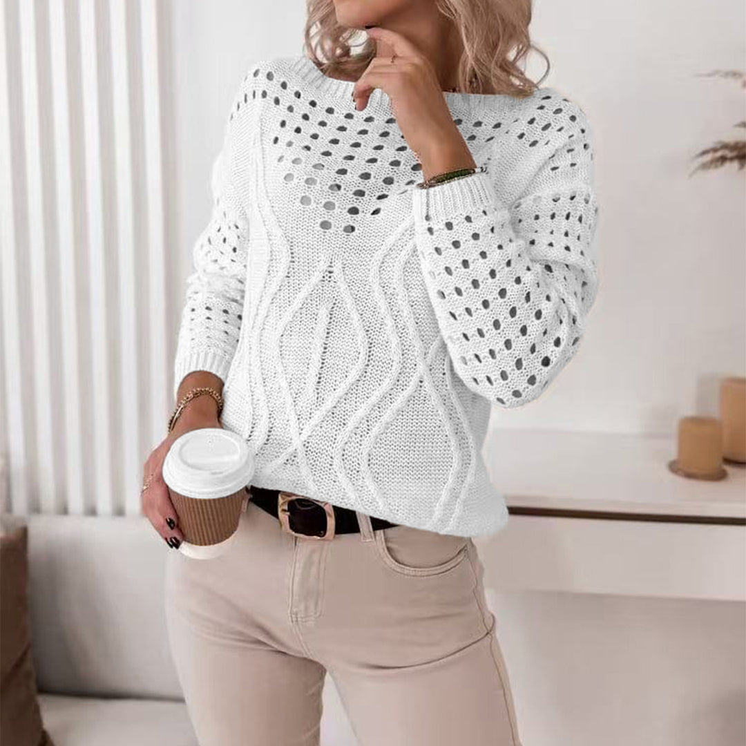 Damen Strickpullover mit luftigen Lochmustern und zartem Zopfdesign EB