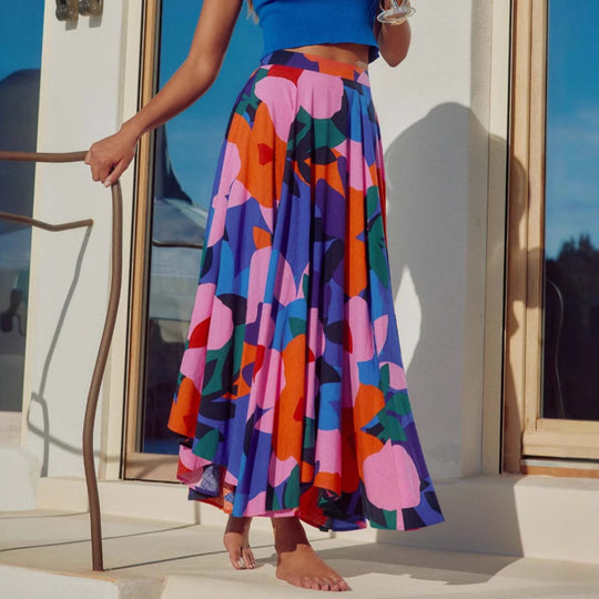 Damen Maxi-Rock mit buntem Blumendesign und fließendem Fall EB
