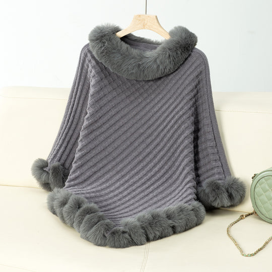 Damen kuschelige Strickdecke mit luxuriösem Kunstfellbesatz EB